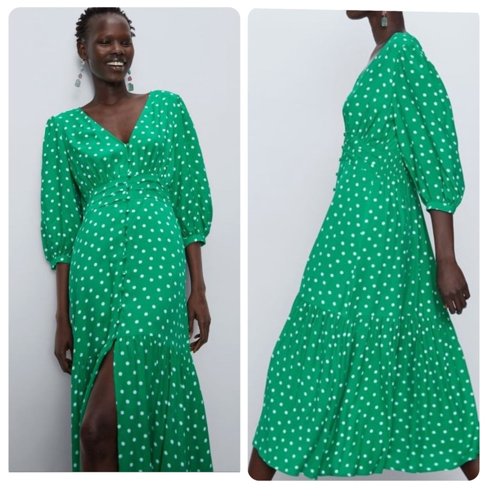 NWT zara green white button polka dot midi dress small - Picture 3 of 7